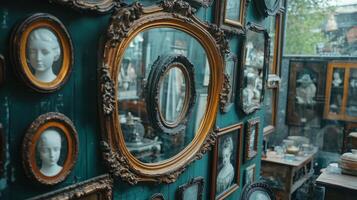 Woman gazes into ornate mirrors in an atmospheric setting with warm lighting photo