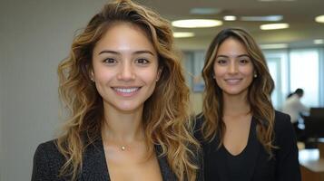 Two women smiling in an office environment while engaging in a professional atmosphere photo