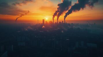 City skyline under orange sunset with smoke rising from buildings in a pollution-filled atmosphere photo