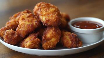 Crispy fried chicken pieces served with fresh vegetables and dipping sauce on a white plate photo