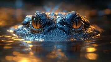 Close-up of a toad's eyes reflecting shimmering water at dusk in a serene natural habitat photo