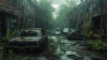 Decayed urban landscape with abandoned cars overgrown by vegetation in a deserted city photo