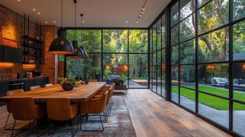 Modern dining area with large windows overlooking garden in contemporary home setting photo
