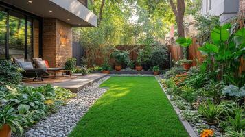 Serene garden pathway lined with pots of vibrant flowers during golden hour light photo