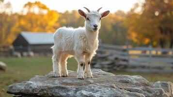 Majestic goat standing on rocky terrain with scenic backdrop during daylight photo