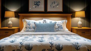 Cozy bedroom featuring a wooden bed with plush bedding and stylish decor in a warm and inviting atmosphere photo