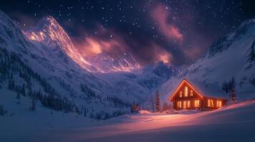 Cozy cabin illuminated at night against a snowy mountain backdrop in winter wonderland photo