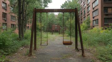 Abandoned playground swings in overgrown courtyard of derelict brick building complex photo