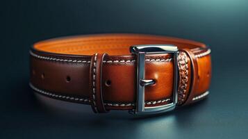 Classic handmade leather belt with detailed stitching and silver buckle on a dark background photo