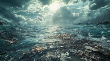 Underwater environment filled with debris and waste near the ocean floor revealing pollution impact photo