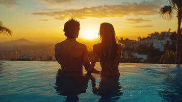 Sunset silhouette of couple holding hands by the ocean in a tranquil coastal setting photo