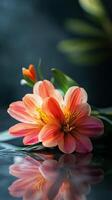 Bright pink flower in black pot against colorful background with blurred textures photo