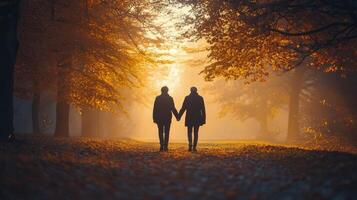 Couple walking in a serene autumn forest with golden foliage during sunset photo