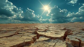 Desert landscape with cracked earth during sunrise highlighting climate change effects and drought conditions photo