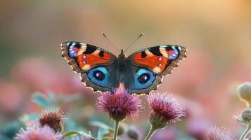 Colorful butterfly perched on vibrant flowers in a sunny garden during springtime photo