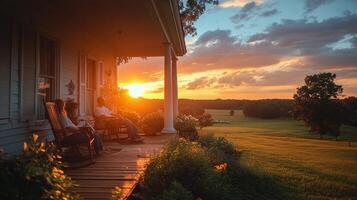 Sunset view from a cozy porch adorned with flowers in a rural landscape photo