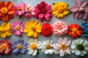 Colorful arrangement of assorted flowers on display against a light background photo