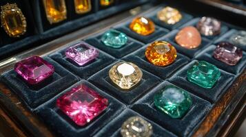 Colorful collection of decorative glass orbs displayed in a wooden box with velvet lining photo