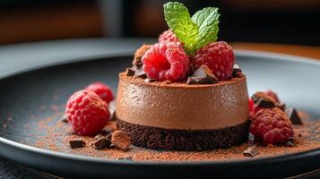 Delicious chocolate mousse dessert topped with fresh raspberries and mint leaves on a black plate photo