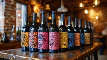 Artistic wine bottles displayed on a wooden shelf in a vibrant winery setting photo