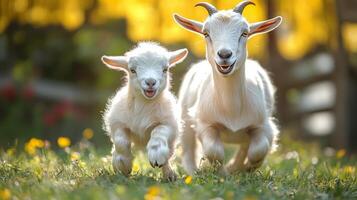 Playful goat kid jumps happily in a barn with a calm adult goat nearby during sunny afternoon photo