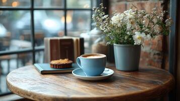 Cozy cafe setting with fresh flowers, coffee, and dessert near a sunny window in the afternoon photo