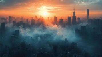 Desolate urban landscape with smog and ruined buildings in an abandoned area during cloudy weather photo