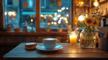 Cozy cafe setting with coffee and cake on a rainy day in vibrant city photo