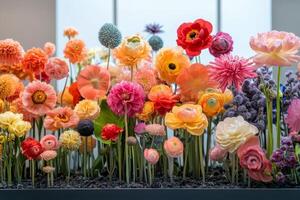 Vibrant display of assorted flowers in a modern setting showcasing colors and textures photo
