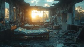 Abandoned hospital room filled with decay and neglect, showcasing empty beds and broken furniture photo