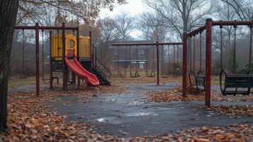 Playgrounds in autumn reveal deserted swings and slides in quiet neighborhood park photo