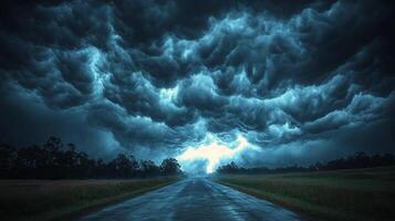 Destruction and chaos engulf a devastated town under dark storm clouds photo