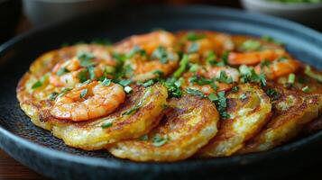 Shrimp omelet served on a plate with fresh vegetables in a vibrant dining setting photo