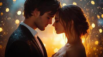 Romantic couple sharing a tender moment in a festive setting during a winter evening photo