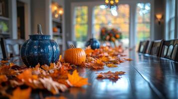 Autumn-inspired festive table setting with pumpkins and vibrant foliage for a seasonal celebration photo