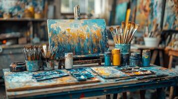 Vibrant paintbrushes in blue jars on a rustic art studio table filled with color photo