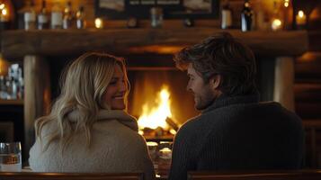 Cozy couple sitting together by the fireplace enjoying a winter evening photo