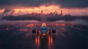 Stunning sunset view of an airplane at a New York airport with city skyline in the background photo