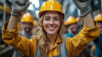 Celebrating teamwork among construction workers during a safety meeting at a job site photo