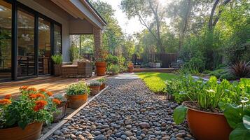 Serene garden pathway lined with pots of vibrant flowers during golden hour light photo
