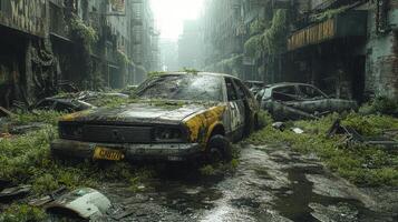 Decayed urban landscape with abandoned cars overgrown by vegetation in a deserted city photo