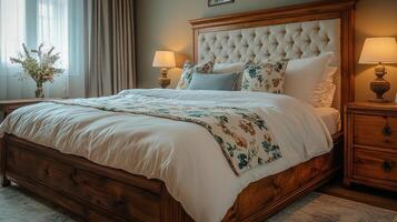 Cozy bedroom featuring a wooden bed with plush bedding and stylish decor in a warm and inviting atmosphere photo