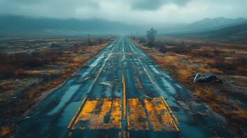 Abandoned highway stretching through a desolate landscape under a cloudy sky photo