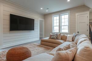Cozy home theater with large screen displaying majestic waterfall at nighttime photo
