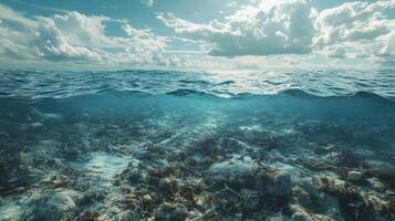 Underwater environment filled with debris and waste near the ocean floor revealing pollution impact photo