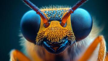 Close-up of a colorful insect's compound eyes showcasing intricate details and vibrant patterns photo