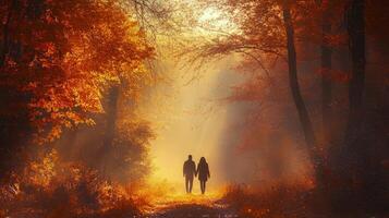 Couple walking in a serene autumn forest with golden foliage during sunset photo