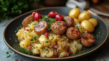 Delicious stew with vegetables served alongside fluffy rice and boiled potatoes for a wholesome meal photo