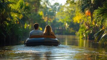 Serene boat ride through lush green canal at sunset with tranquil reflection on water photo