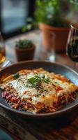 Homemade lasagna served on a dark plate with melted cheese and herbs atop, enjoyed during lunch photo